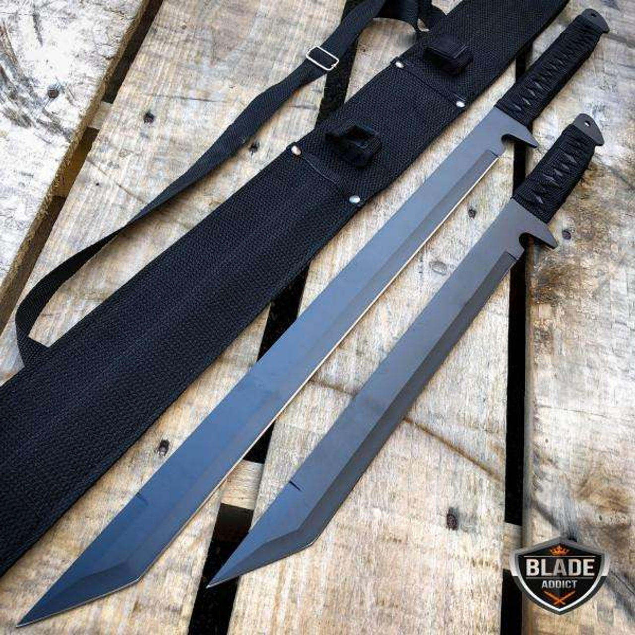 2 PC Black NINJA MACHETE SWORD ZOMBIE TACTICAL SURVIVAL KNIFE Fixed Blade -  MEGAKNIFE