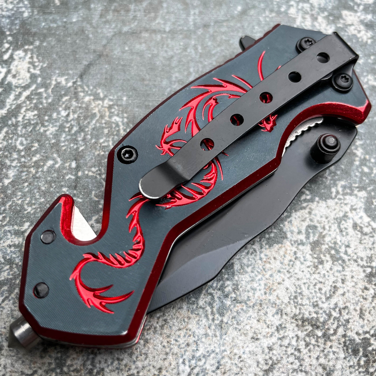 TACTICAL STILETTO ASSISTED FOLDING BLADE Red Dragon Samurai Spring Pocket  Knife