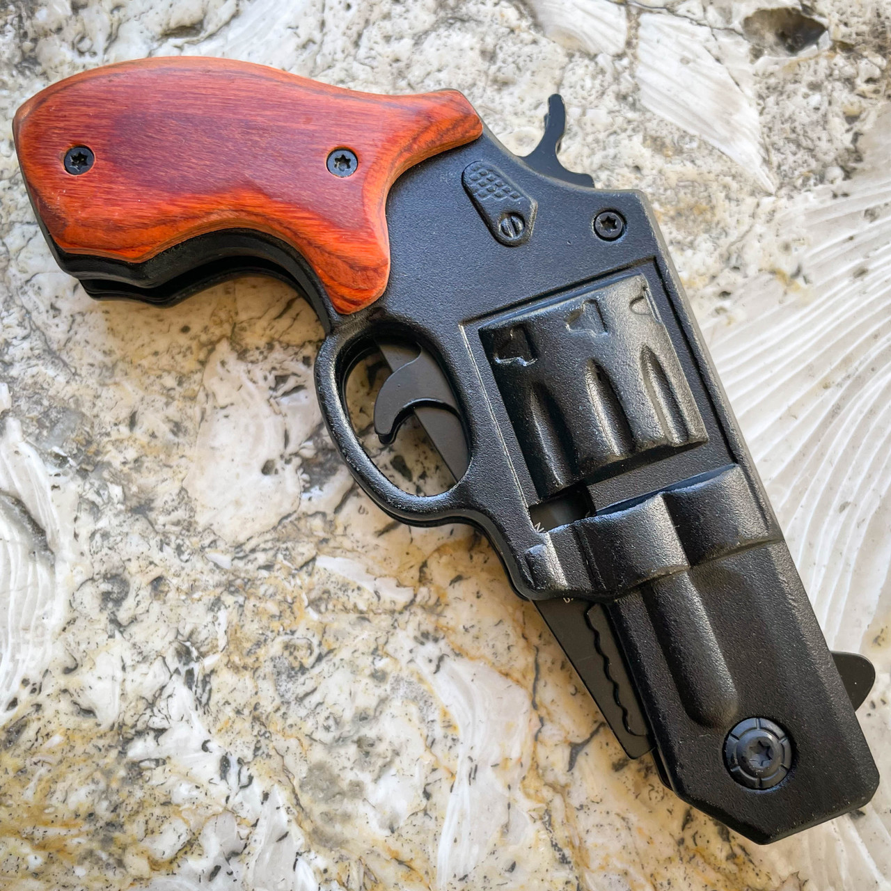 8 Tactical HAND PISTOL Revolver Gun Metal Folding Assisted WOOD Pocket  Knife - MEGAKNIFE