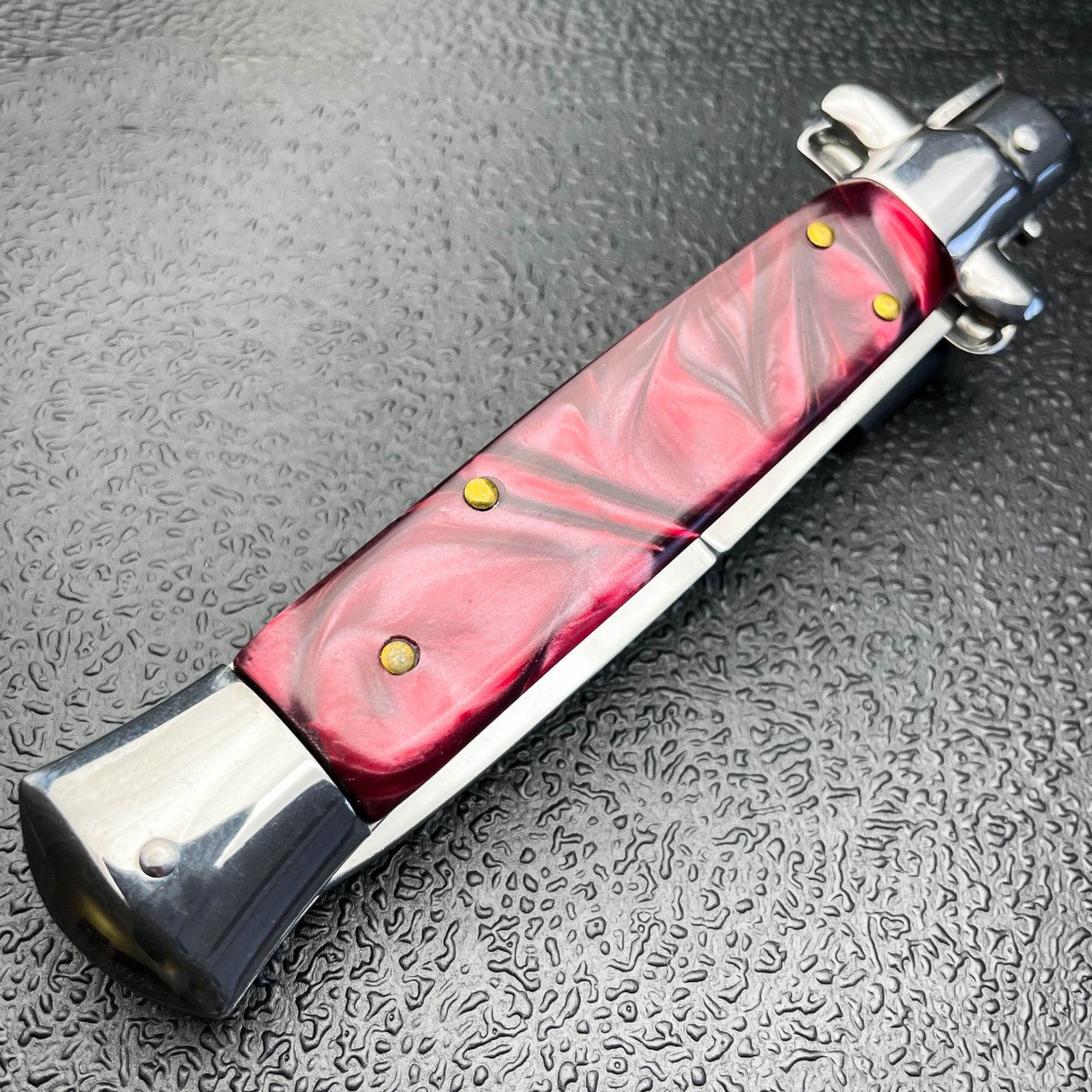 Marble Red Italian Stiletto Switch Blade Pocket Knife - MEGAKNIFE