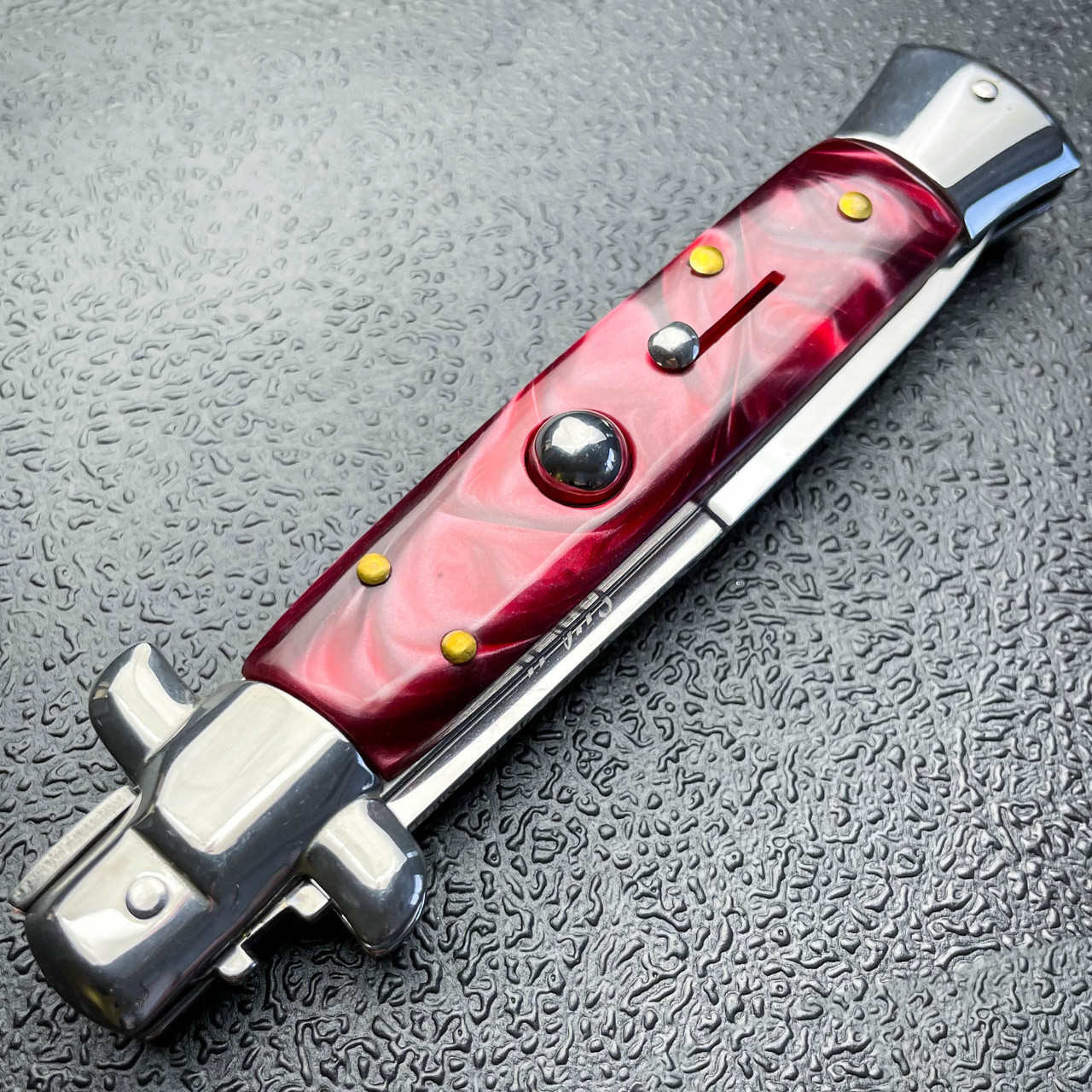 Marble Red Italian Stiletto Switch Blade Pocket Knife - MEGAKNIFE