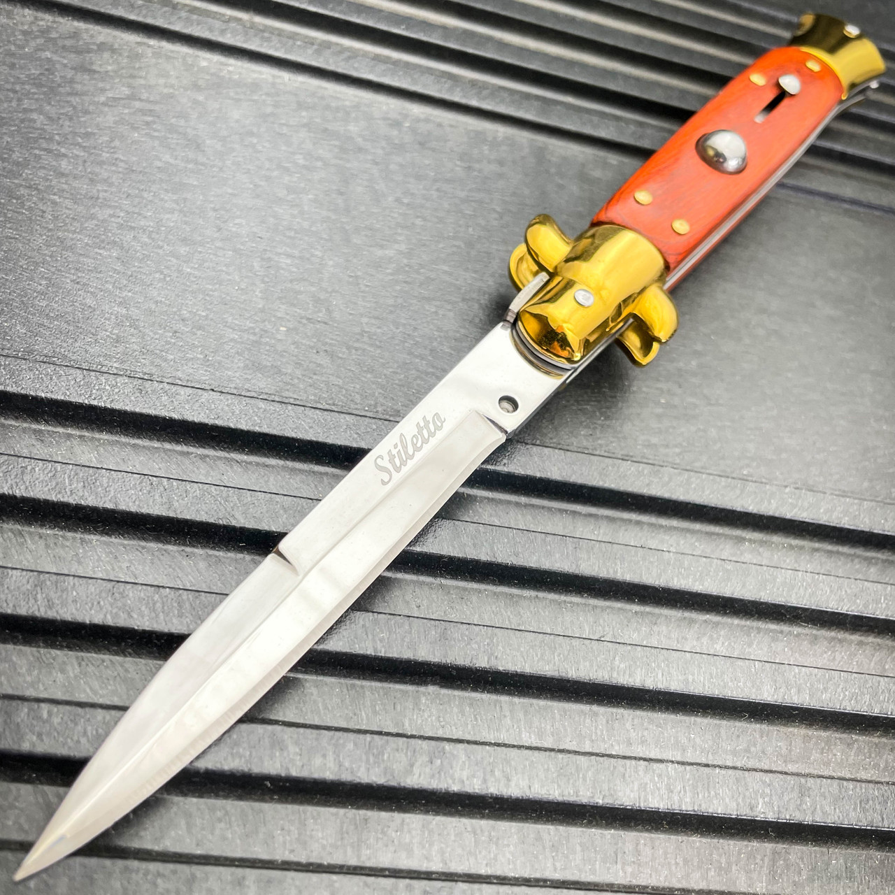 Marble Red Italian Stiletto Switch Blade Pocket Knife - MEGAKNIFE