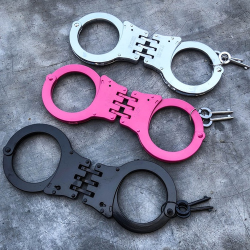 Professional Metal Double Lock Black Steel Hinged Police Handcuffs Megaknife
