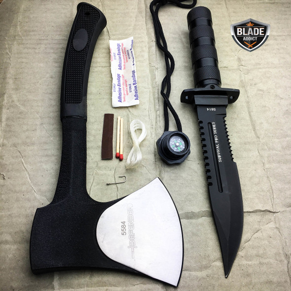 2 PC Black Tactical CAMPING Axe Battle Hatchet + Fixed Blade w/ Survival KIT NEW