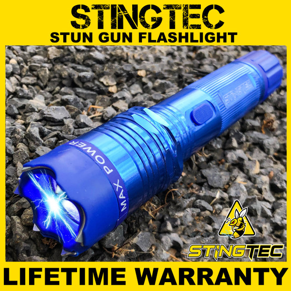 STINGTEC BLUE METAL Stun Gun MAX POWER Rechargeable LED Flashlight w/ Case NEW