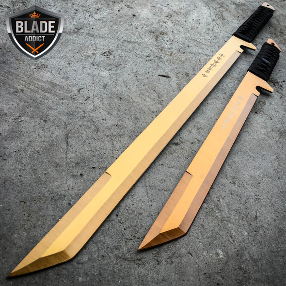 2PC 27" & 18" NINJA GOLD SWORD SET Samurai Machete COMBAT FANTASY KNIFE Sheath