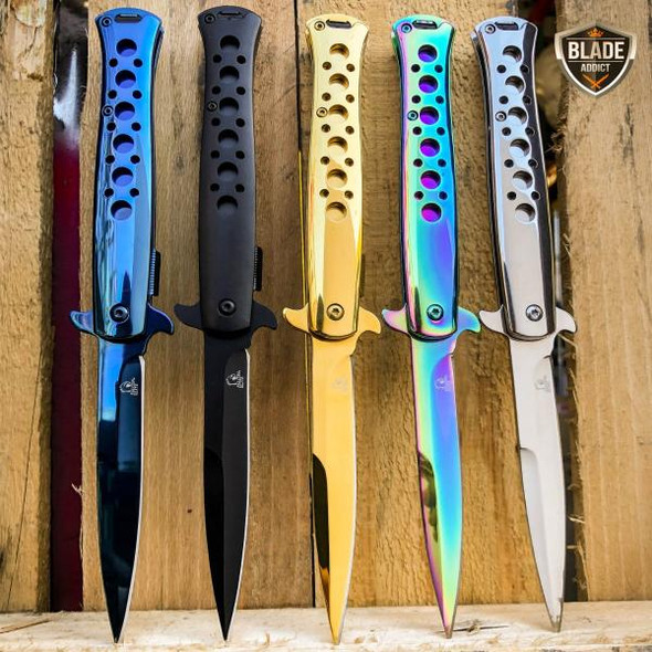 9" SPRING ASSISTED TACTICAL STILETTO Folding POCKET KNIFE Blade Open Stainless