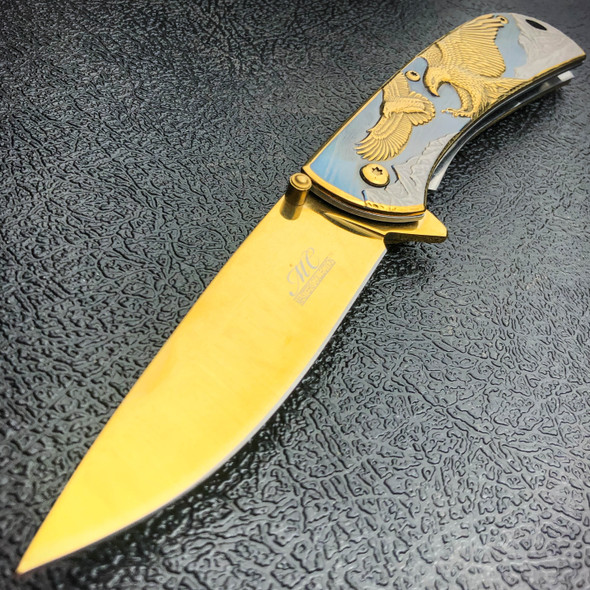 8" Gold BALD EAGLE Titanium Assisted Open Spring Blade Folding Pocket Knife NEW