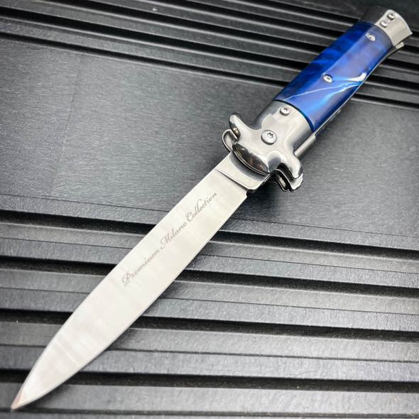 9" Premium Italian Milano Stiletto Tactical Spring Assisted Pocket Knife Blue