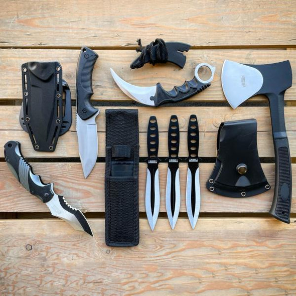 7PC Tactical Silver Survival Hatchet Axe Fixed Blade Hunting Knife Kunai SET NEW