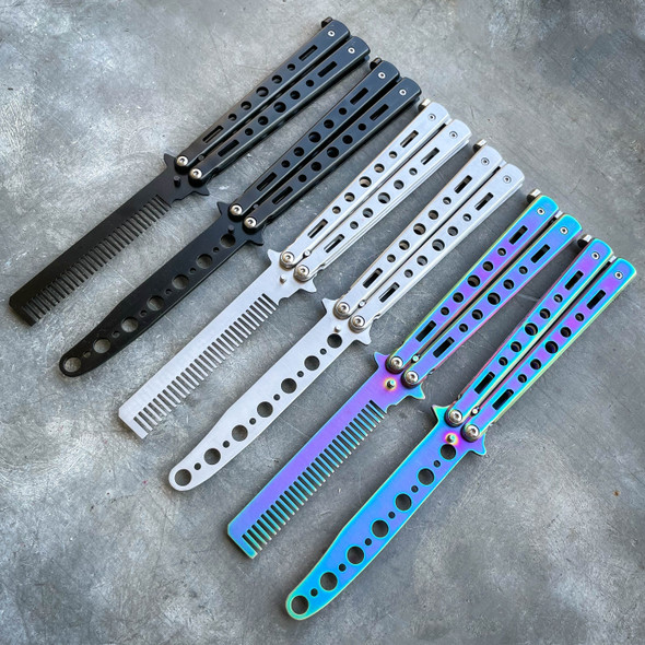 Practice BALISONG METAL BUTTERFLY Assorted Trainer Knife BLADE Comb Brush NEW