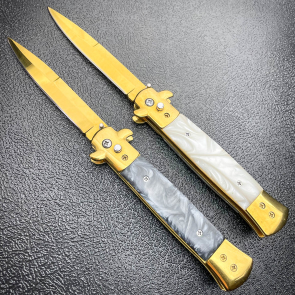 GOLD STILETTO AUTOMATIC KNIFE - GOLD-PLATED BLADE, WHITE MARBLE INSERTS