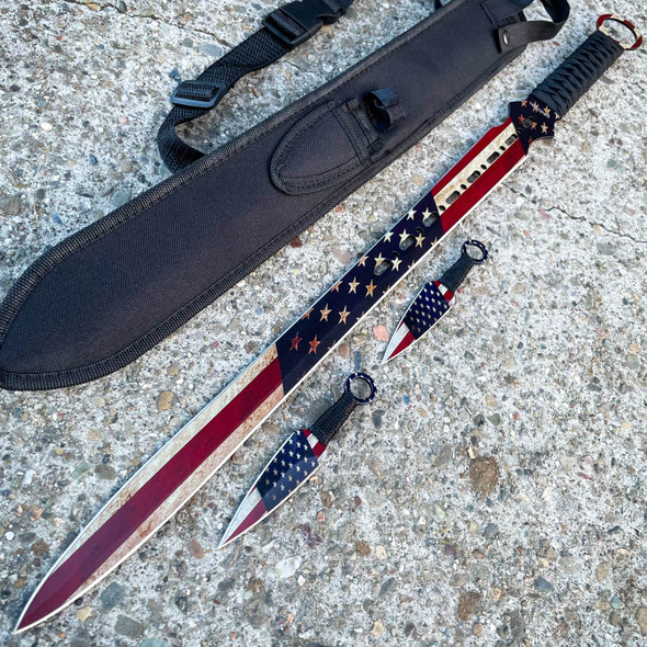 27" American USA Flag Sword Machete + Throwing Knife Set