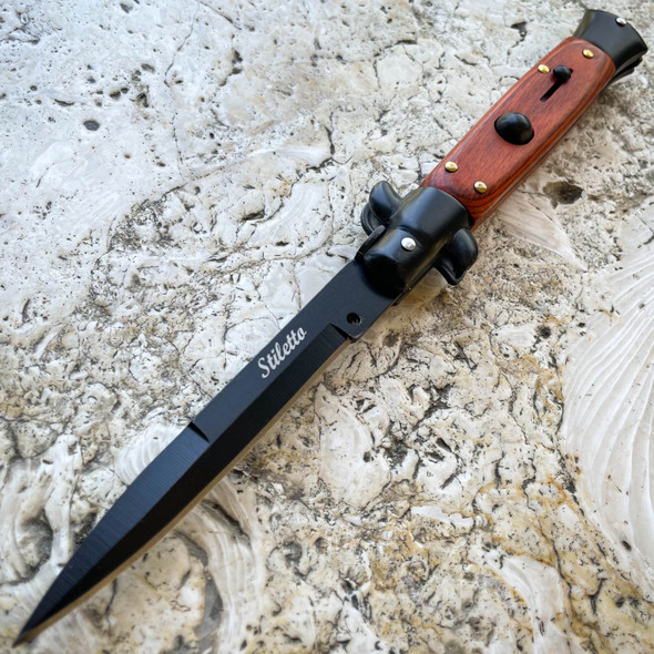 8.75" Black Italian Stiletto Switch Blade Pocket Knife