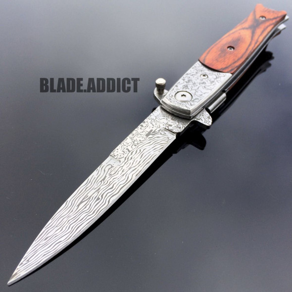*Custom Engraving* 8.5" DAMASCUS Italian Milano Tactical Stiletto Spring Assisted Open Pocket Knife