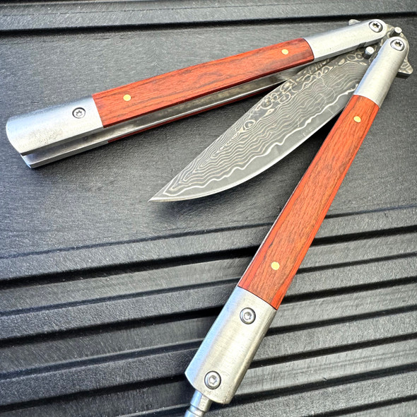 Damascus Etch Wood Handle Balisong Butterfly Knife