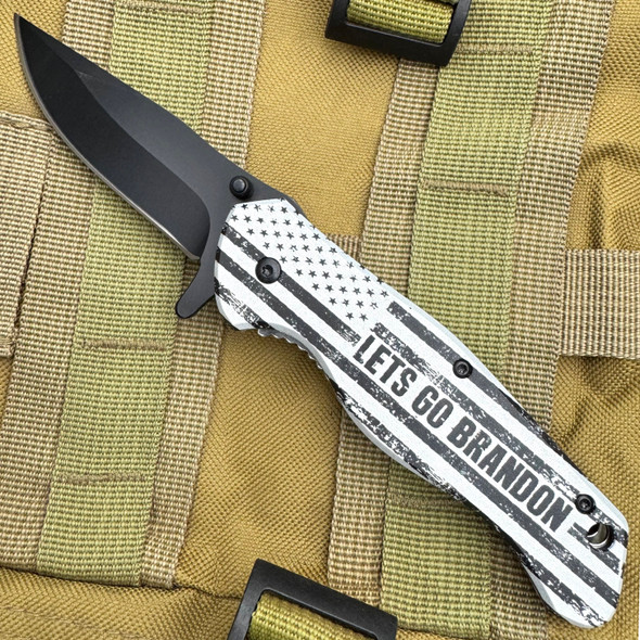 7.5" Spring Assisted Knife " Let's Go Brandon" Black & White 7.5" Spring Assisted Knife " Let's Go Brandon" Black & White