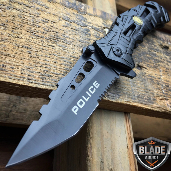 8" Black POLICE Spring Assisted Open Tactical Rescue Folding Pocket Knife  8" Black POLICE Spring Assisted Open Tactical Rescue Folding Pocket Knife