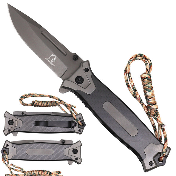 Outlander Hunter Survivor Spring Assisted Pocket Knife Carbon Fiber Handle