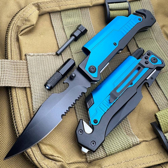 8.5" Survival Rescue Pocket Knife w/ LED Light - Blue