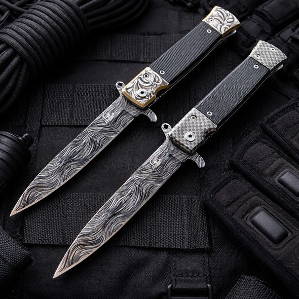 8.5" Damascus Etch Style Spring Assisted Open Folding Pocket Knife G10 Handle Blade