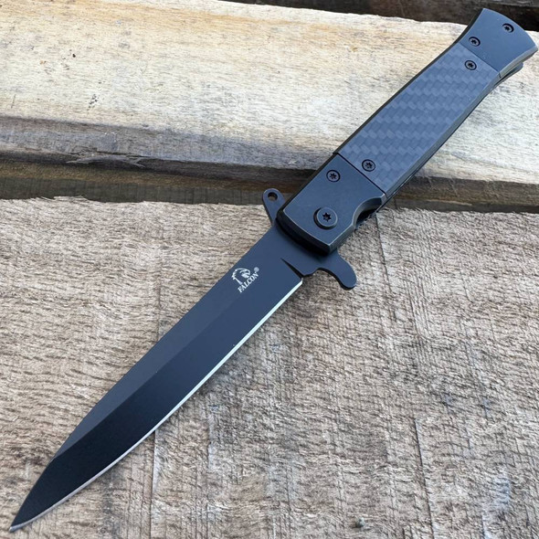 8.5" Military Black Spring Assisted Open Folding Pocket Knife Carbon Fiber Handle Blade