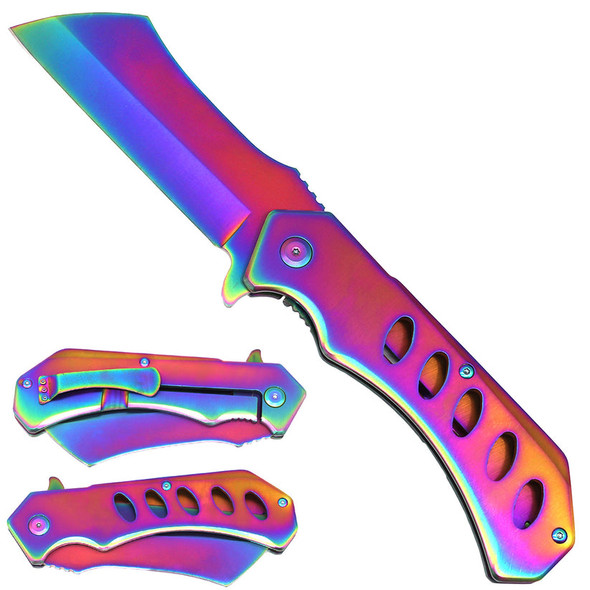 12" HUGE CLEAVER BALL BEARING Assisted Open Pocket Folding Knife RAZOR Blade Rainbow