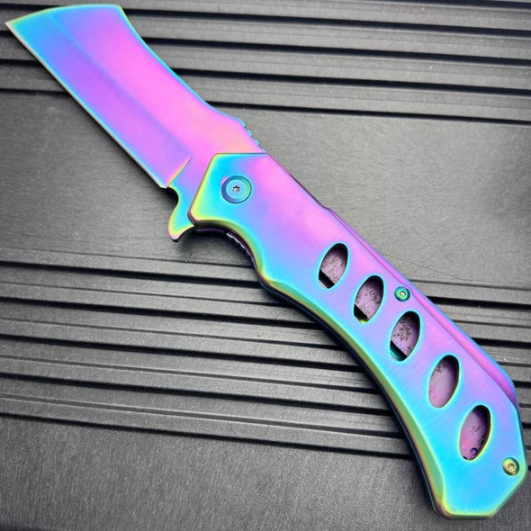 12" HUGE CLEAVER BALL BEARING Assisted Open Pocket Folding Knife RAZOR Blade Rainbow