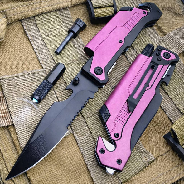 .5" Survival Rescue Pocket Knife w/ LED Light - Pink
