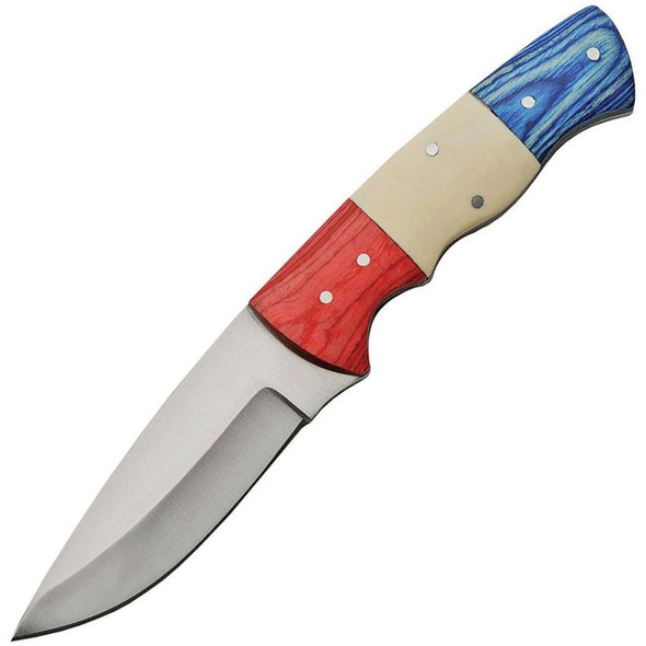 Fixed Satin Finish Stainless Blade Knife with Red Wood, White Bone and Blue Wood Handle