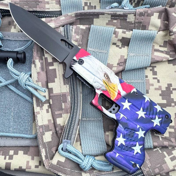 USA Flag Patriot Bald Eagle Folding Gun Style Spring Assisted Pocket Knife