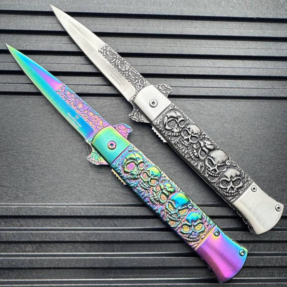 Snake Eye Spring Opening Assisted SKULL Tactical Stiletto Style Pocket Knife