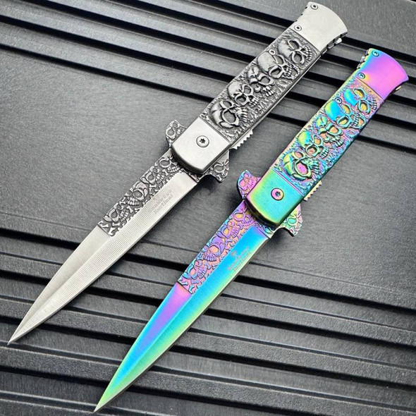 Snake Eye Spring Opening Assisted SKULL Tactical Stiletto Style Pocket Knife