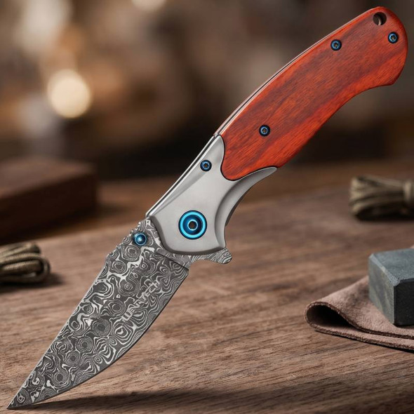 Wartech - 8" Damascus Etch Natural Wood | Spring Assisted Pocket Knife