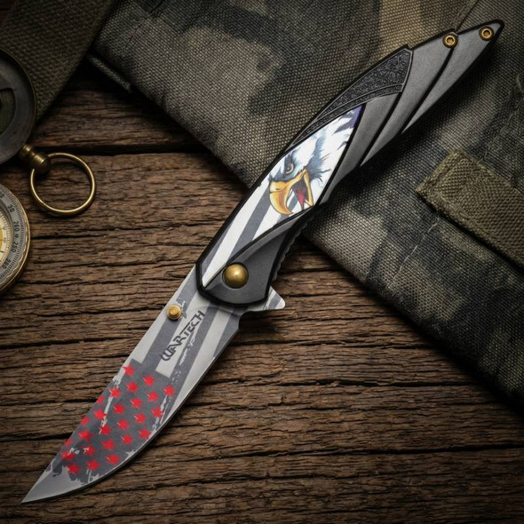 8" Black Bald Eagle USA Pocket Knife