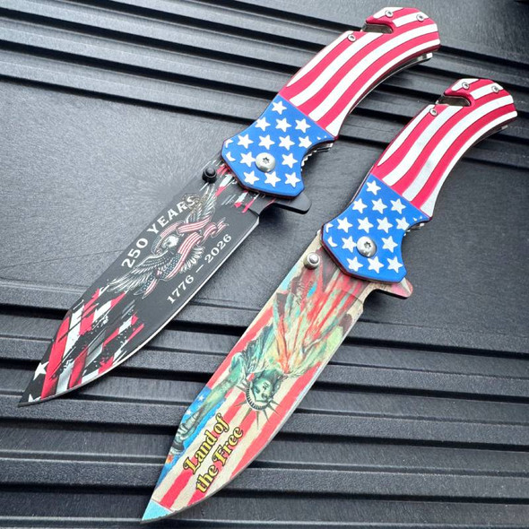 Land Of The Free Statue Of Liberty USA American Flag Patriotic Pocket Knife