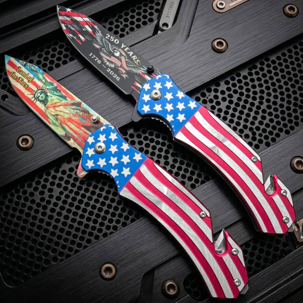 Land Of The Free Statue Of Liberty USA American Flag Patriotic Pocket Knife