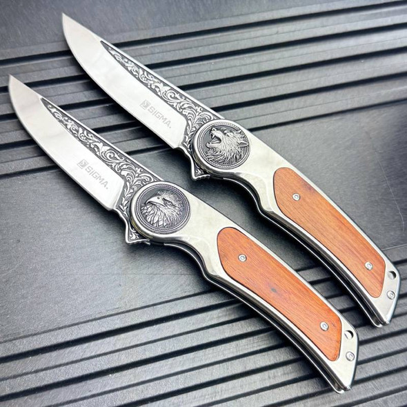 Sigma Ball Bearing Assisted Pocket Knife w Wood Inlay (Eagle/Wolf)