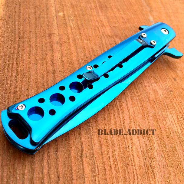 9" XTREME BLUE TITANIUM STILETTO SPRING ASSISTED OPEN TACTICAL POCKET KNIFE EDC