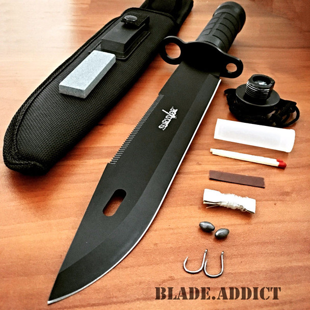 15" Tactical Hunting Rambo Fixed Blade Knife Machete Bowie w/ Survival Kit