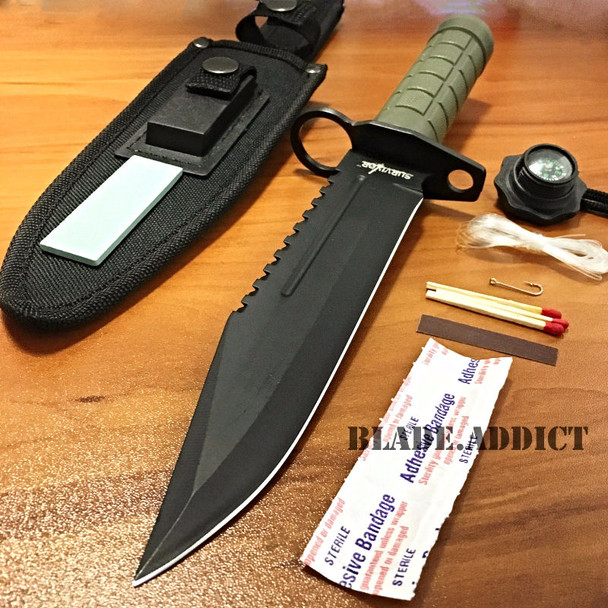 12" Tactical Hunting Army Rambo Fixed Blade Knife Machete Bowie w Survival Kit GN