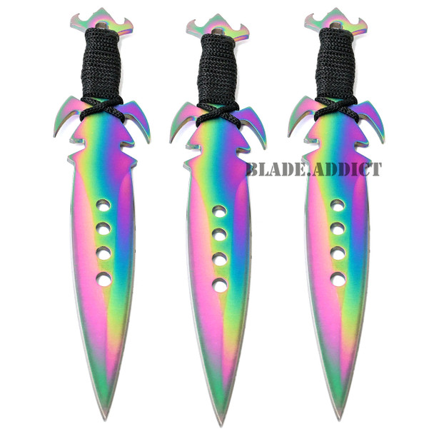 3Pc 7.5" Ninja Tactical Combat Kunai Throwing Knife Set W/Sheath Rainbow Titanium