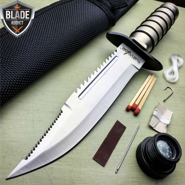 9.5" Tactical Hunting Army Rambo Fixed Blade Knife Machete Bowie w Survival Kit