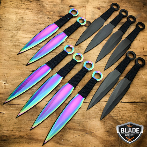 12 PCs 6" Ninja Hunting Rainbow Black Tactical Kunai Throwing Knife Set