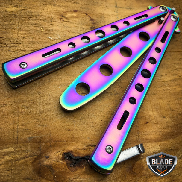 High Quality Practice BALISONG METAL BUTTERFLY RAINBOW Trainer Knife BLADE NEW