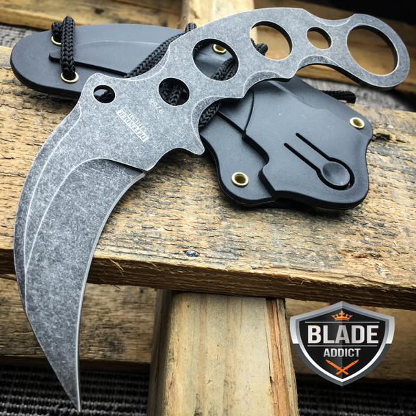 TACTICAL STONEWASH COMBAT KARAMBIT NECK KNIFE Survival Hunting BOWIE Fixed Blade