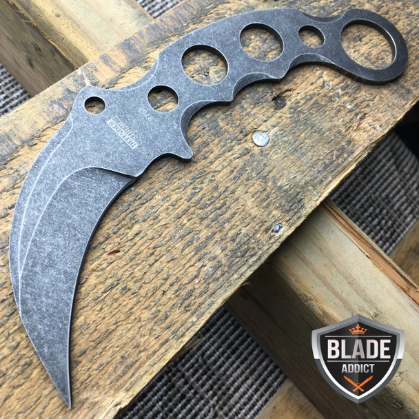 TACTICAL STONEWASH COMBAT KARAMBIT NECK KNIFE Survival Hunting BOWIE Fixed Blade
