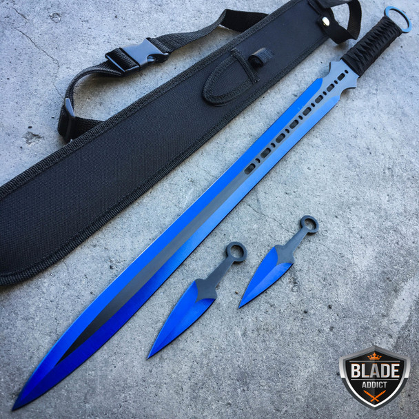28" BLUE NINJA SWORD Full Tang Machete Tactical Blade Katana 2PCS Throwing Knife