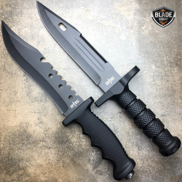 2 PC BLACK TACTICAL SURVIVAL Rambo Hunting FIXED BLADE KNIFE Bowie w/ SHEATH -x