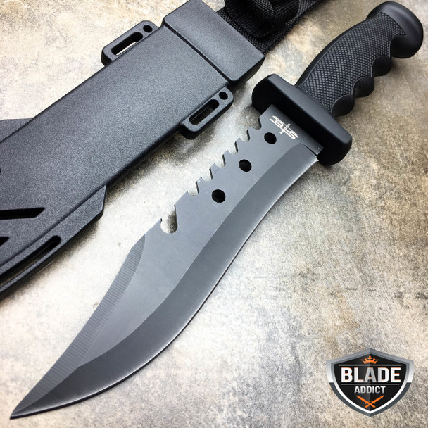 12" BLACK TACTICAL SURVIVAL Rambo Hunting FIXED BLADE KNIFE Bowie w/ SHEATH